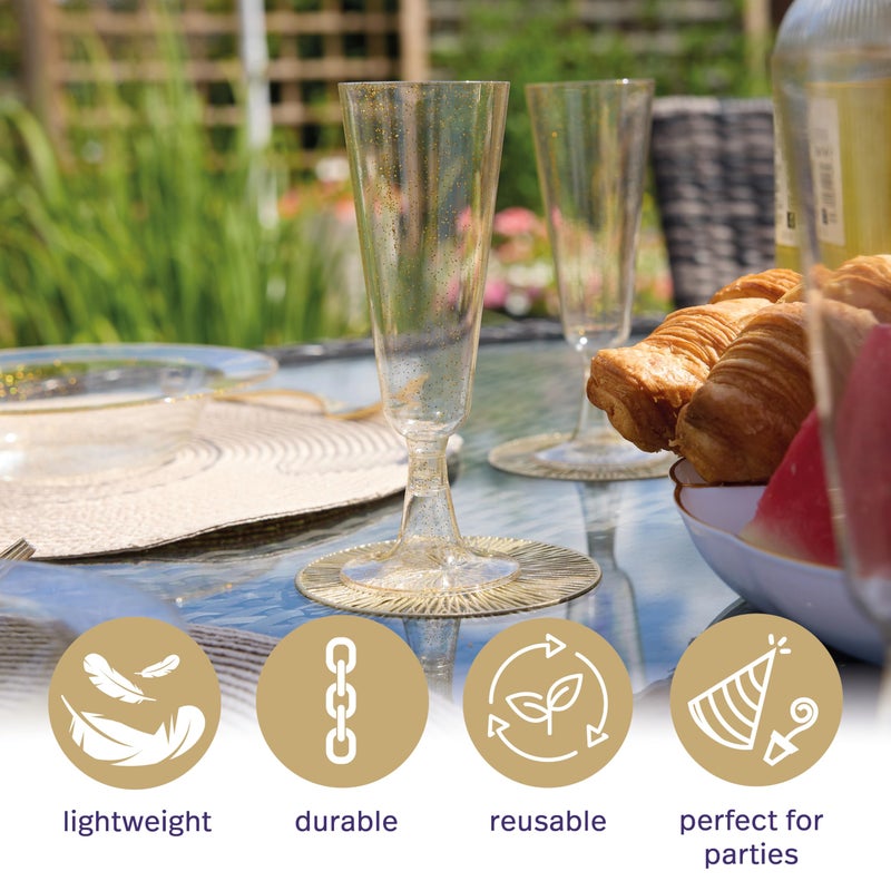 MATANA 100 Premium Plastic Champagne Flutes, Gold Glitter 5oz - Reusable Champagne and Cocktail Glasses for Mimosa, Dessert, Wine - Toasting Glasses for Parties, Weddings - Image 4